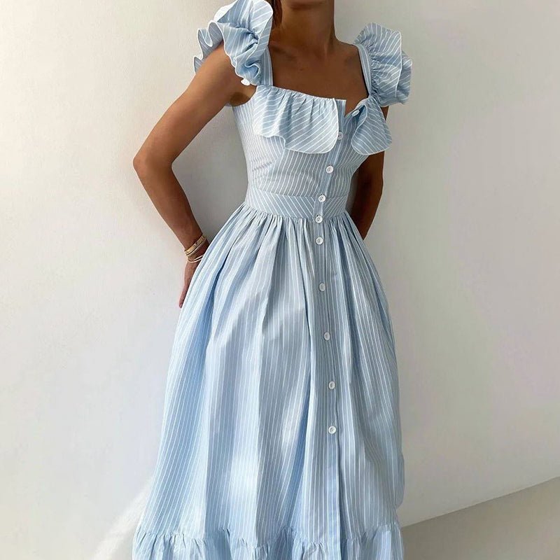 Flounce Sleeve Striped Maxi Dress - HalleBeauty